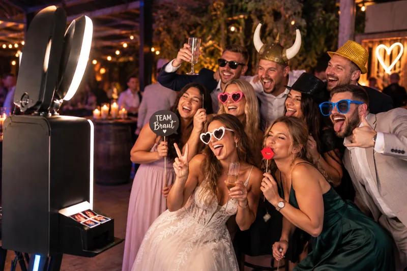 Hochzeit mit Brautteam an der Fotobox – KI-generiertes Beispielbild