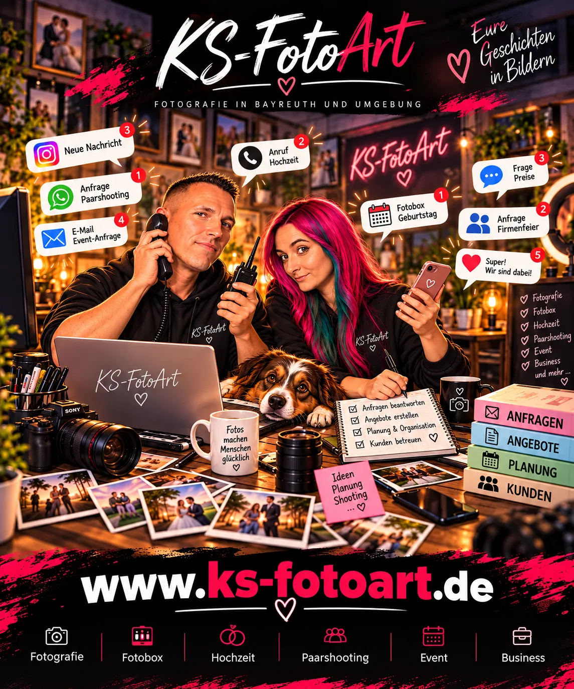 Kate und Silas von KS-FotoArt am Schreibtisch mit Hund – Anfragen per Telefon, WhatsApp und Social Media